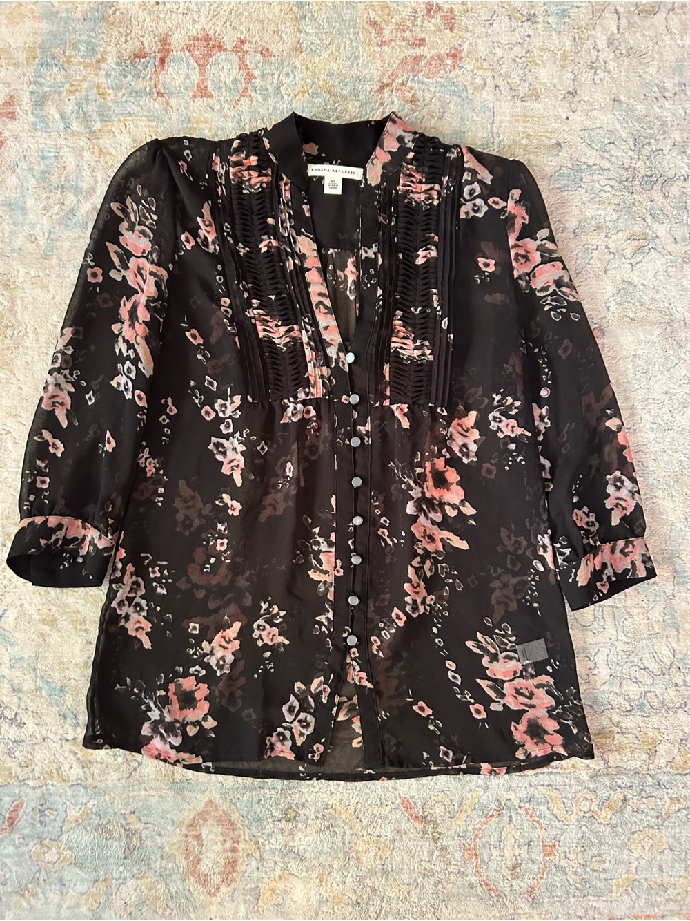 Banana Republic Sheer Black Floral Pintuck Detail Blouse